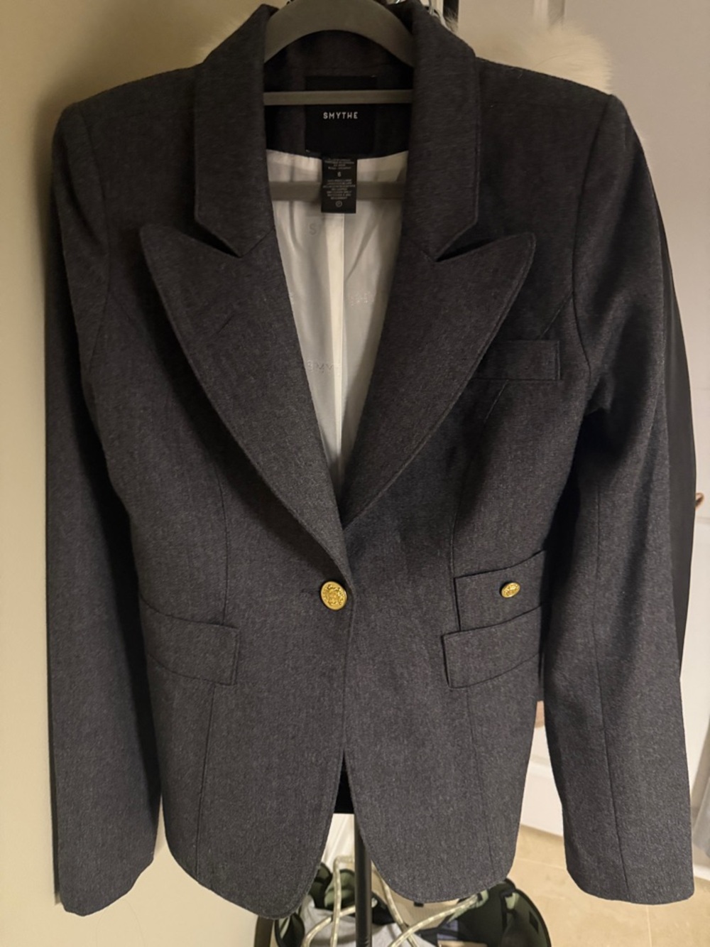 Smythe Charcoal Wool Duchess Blazer with Gold Buttons